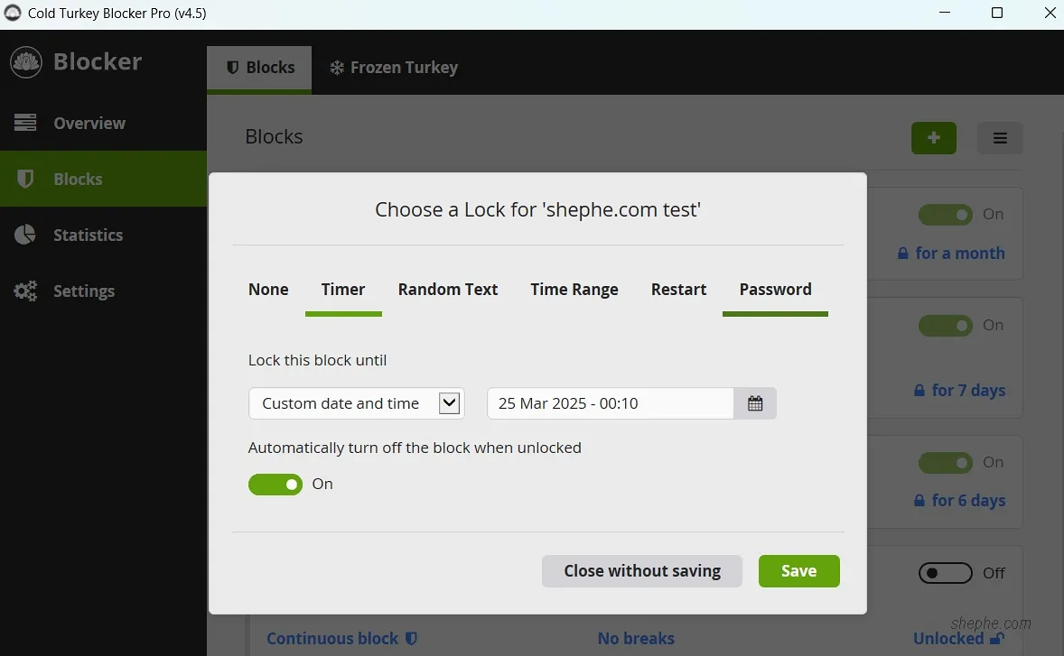 Cold Turkey Blocker Pro 规则的开始/停用规则