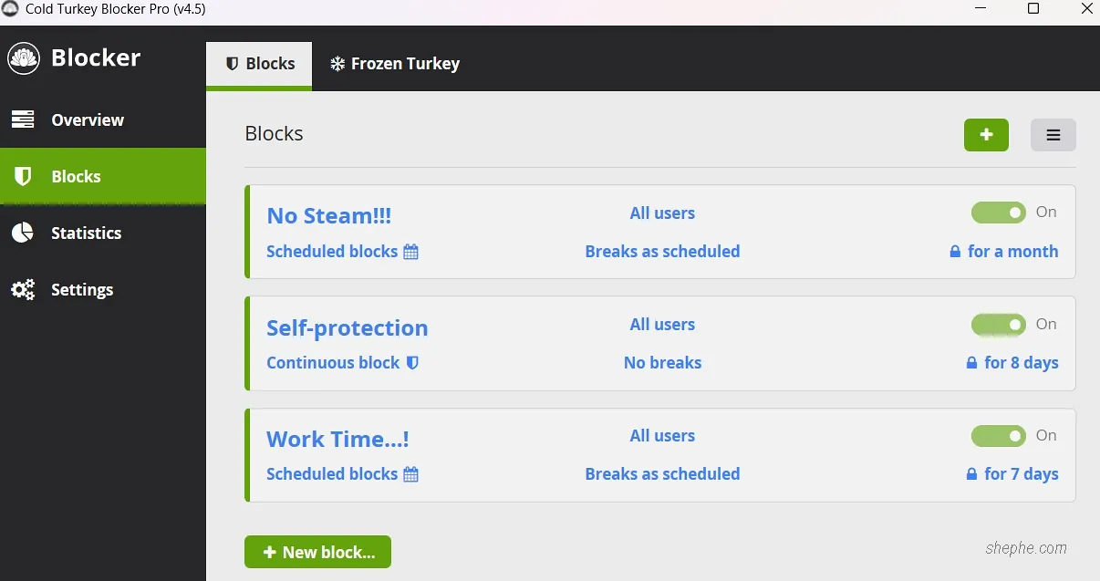 Cold Turkey Blocker Pro 软件界面