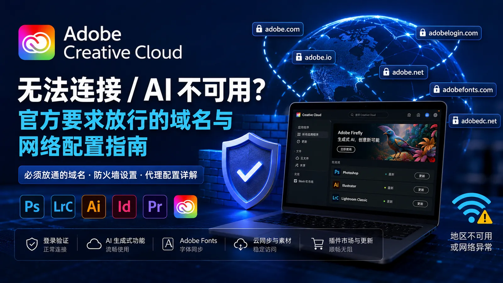 Adobe Creative Cloud 网络访问指南:必须放行的域名与防火墙配置