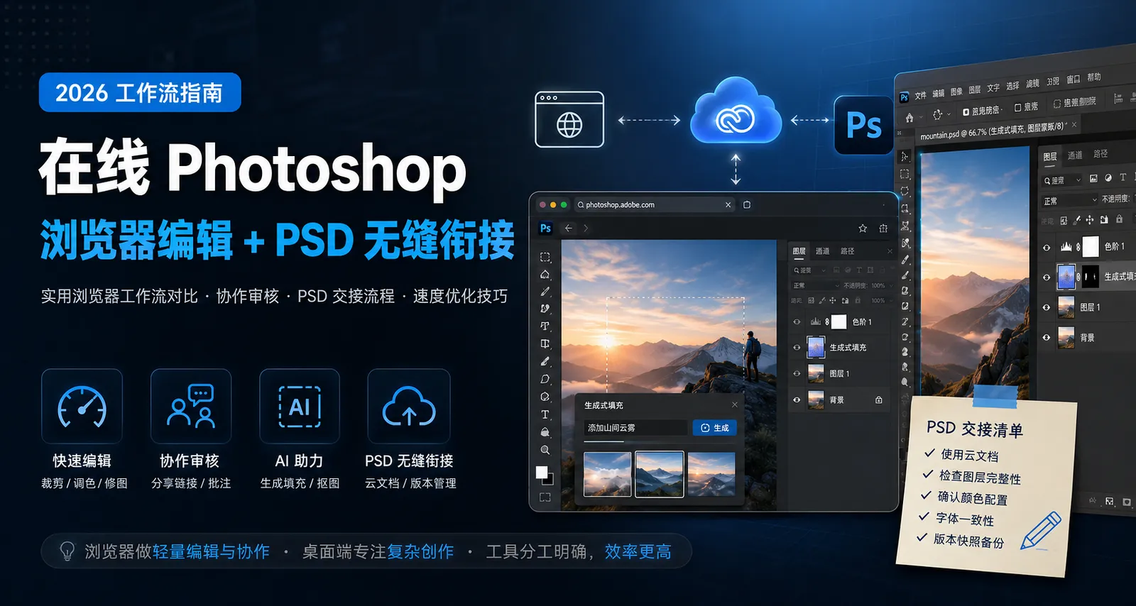 在线 Photoshop 使用指南：浏览器编辑 + PSD 无缝衔接（2026.07）