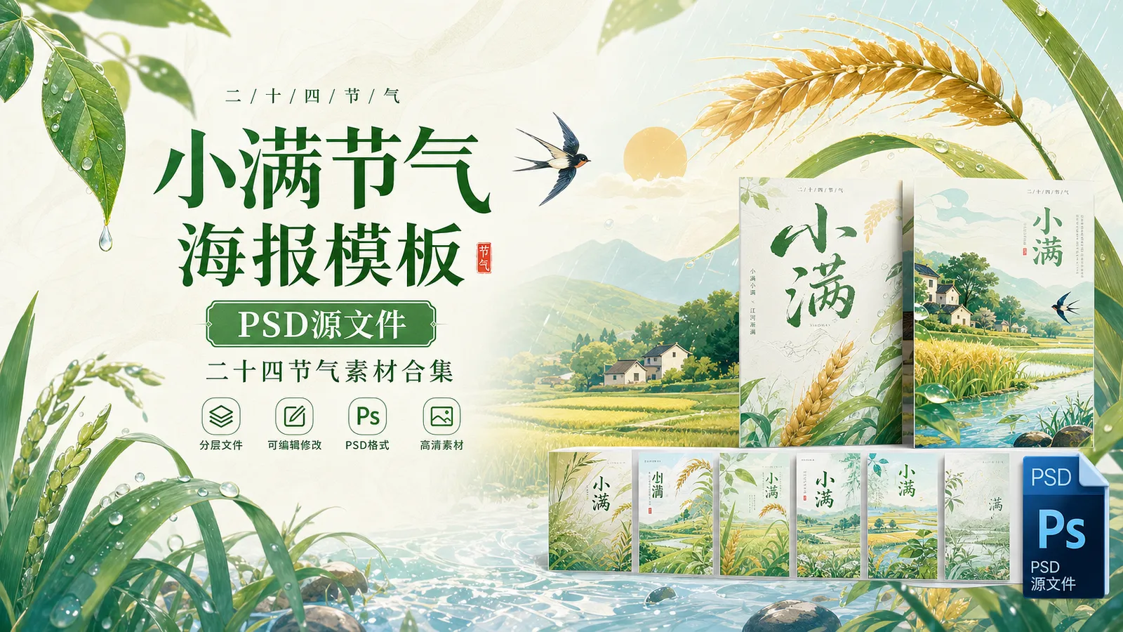100 套小满节气海报 PSD 格式模板,中国传统节气源文件合集
