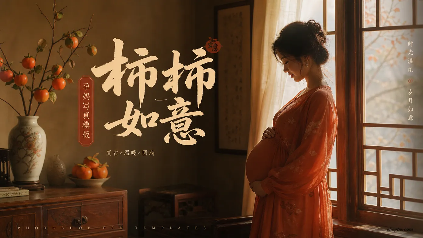 复古柿柿如意孕妇照写真后期背景图 PSD 素材