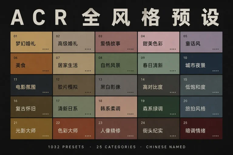 1000+ LR / ACR 照片预设：25 类主题全覆盖，从婚礼美食到黑白电影风一键套用