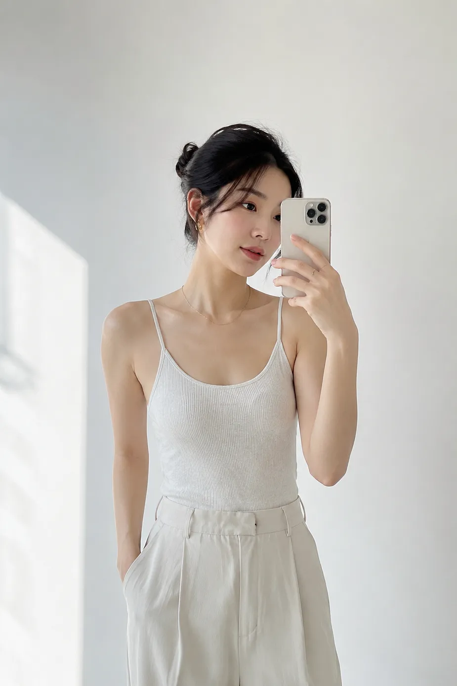 一个年轻女性在镜子前练习自拍姿态