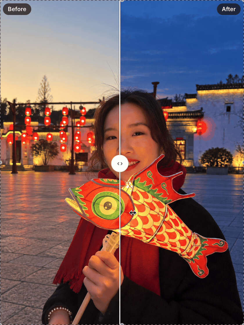 手持鱼灯女子庭院照前后拖拽对比，右侧夜色更蓝灯光更亮