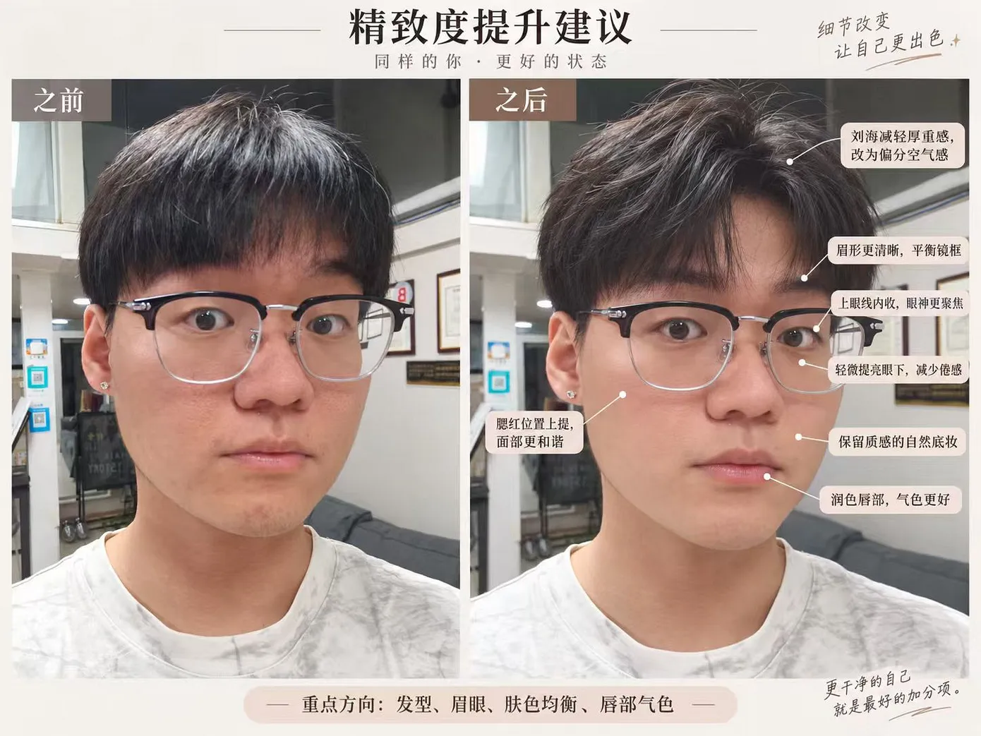 男士也一样，重点在发型和皮肤干净度