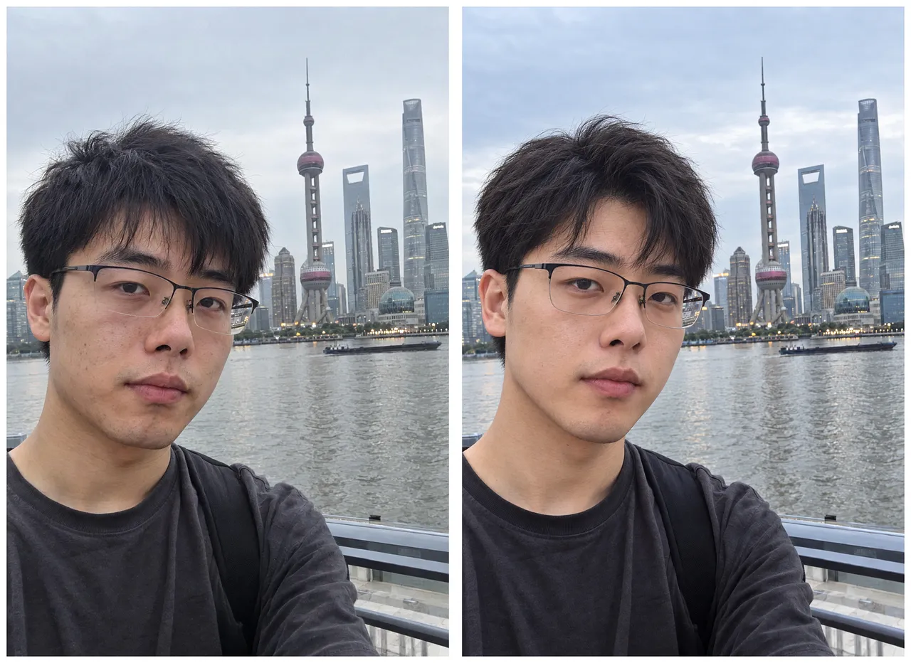 黄浦江边东方明珠前景男士自拍左右对比，右侧更亮更平滑