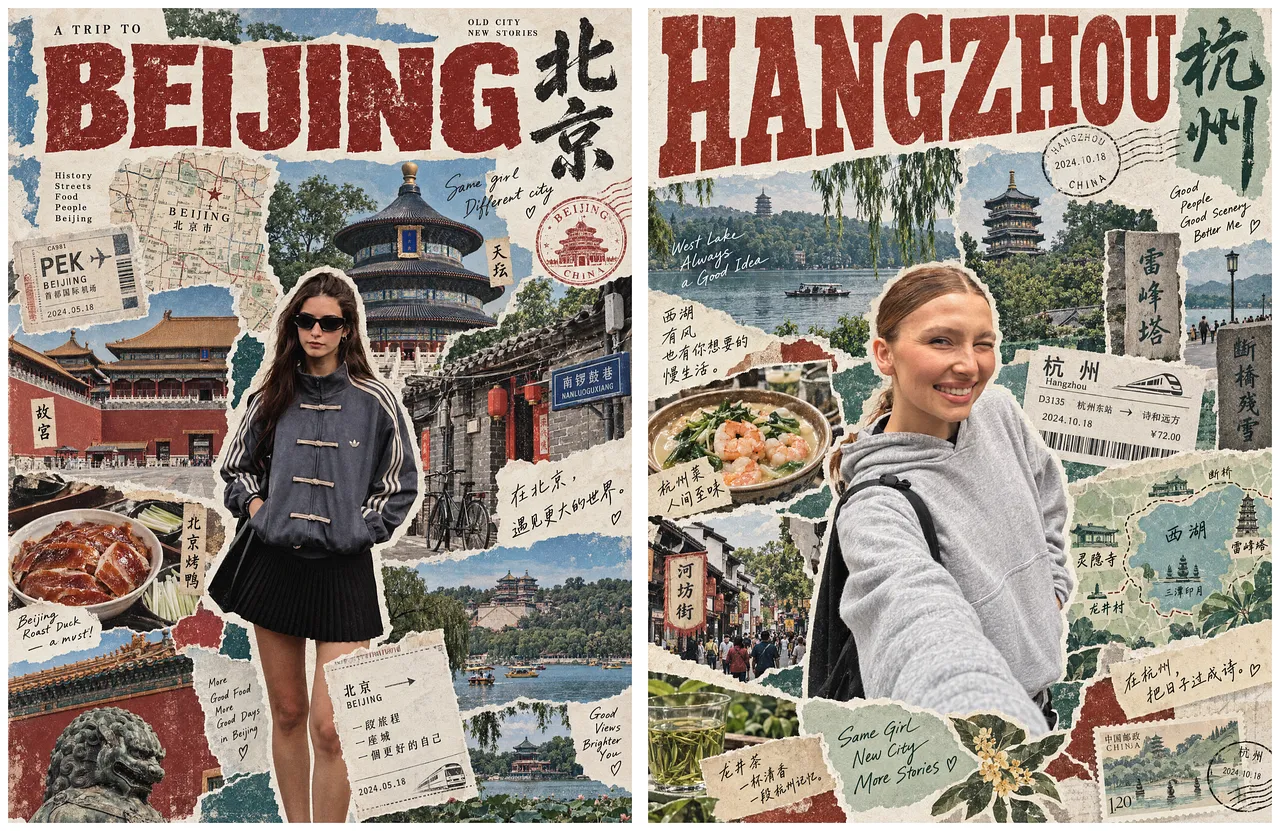 北京杭州主题复古拼贴海报，人物景点美食地图票据拼在一起