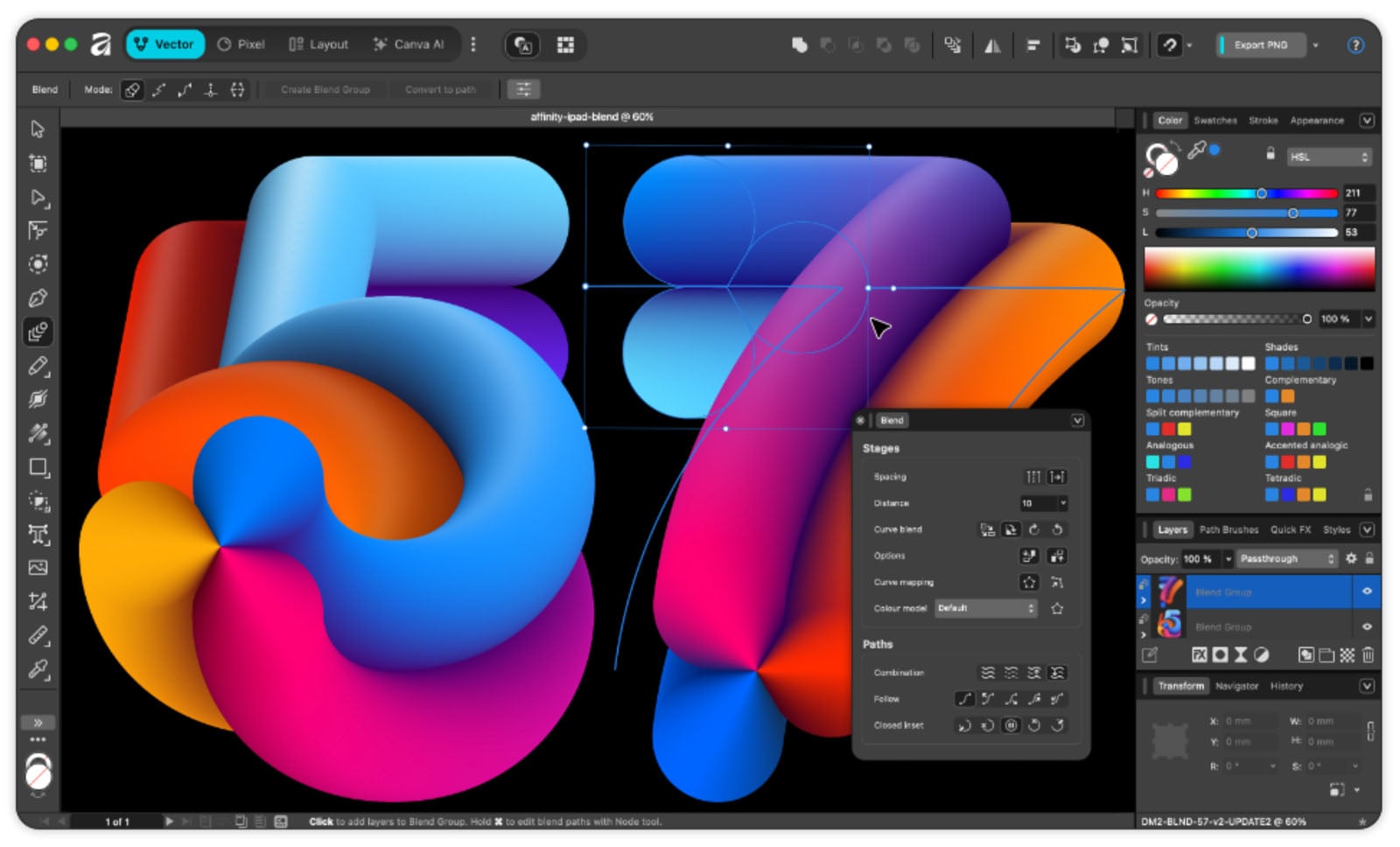 Blend Tool 更偏设计工作,但也是 Affinity 把照片、矢量和排版收进同一应用的一个例子