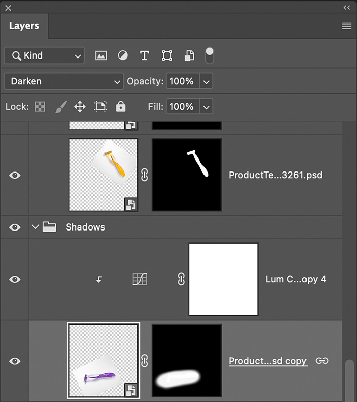 Photoshop 中使用“变暗”混合模式提取产品照片中的暗部和自然阴影