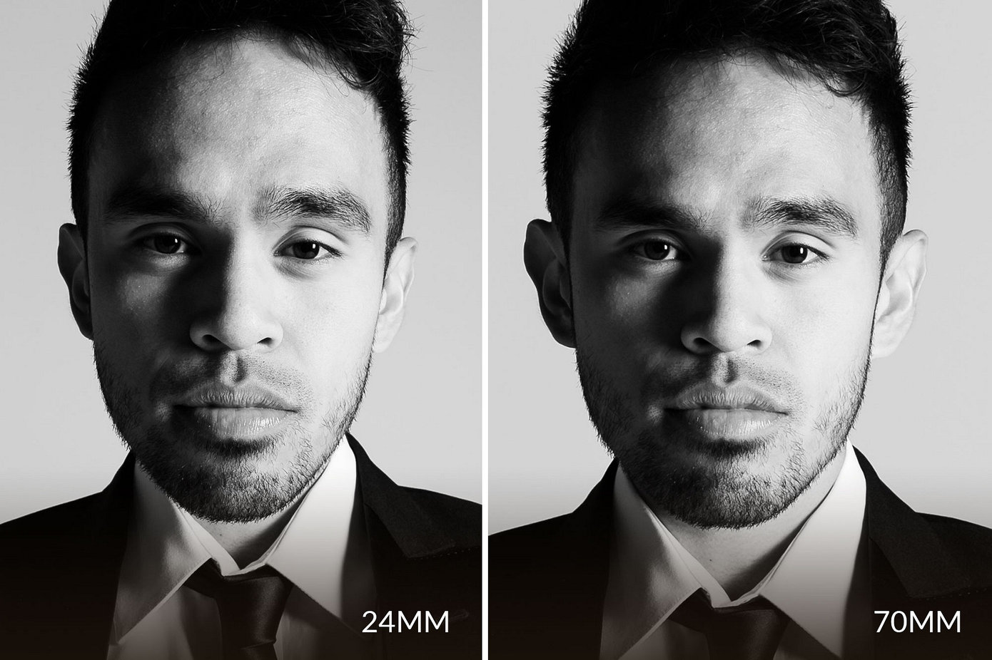 同一人物、保持脸部画面大小一致的 24mm 与 70mm 对比