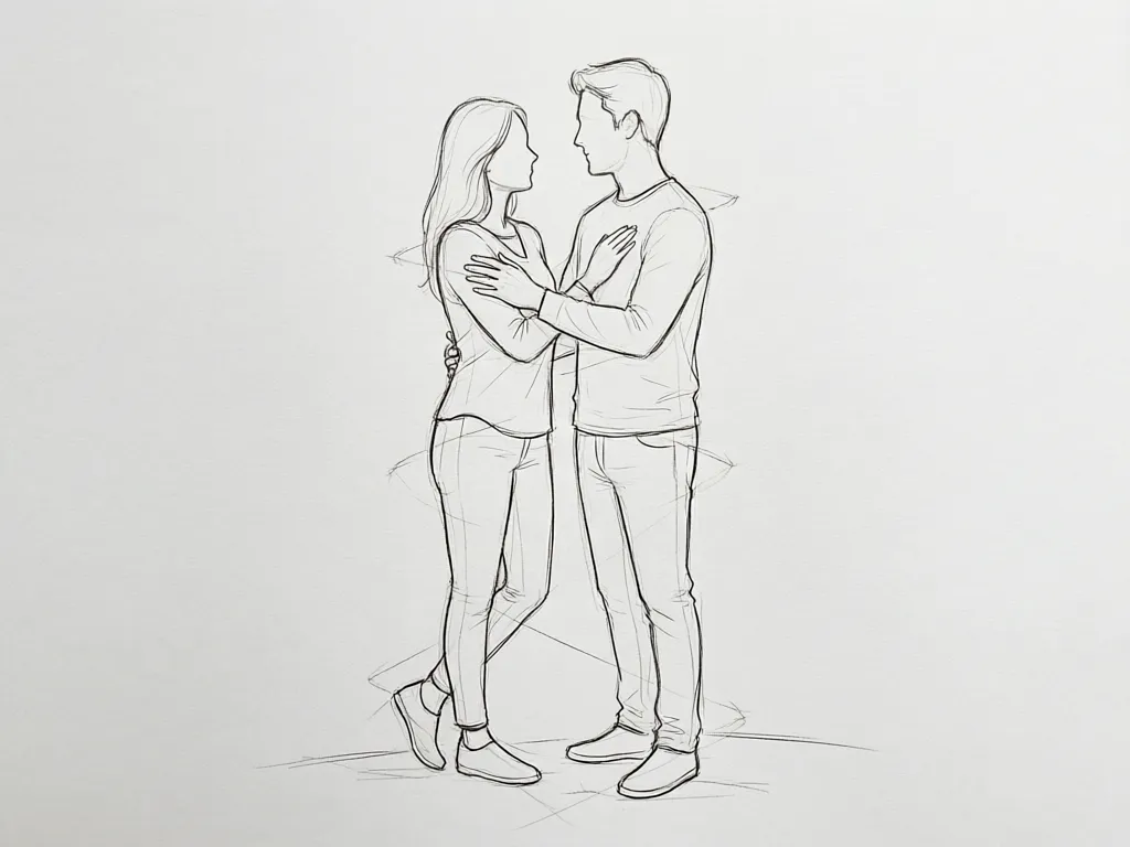 简笔画示意:两位成年人面对面轻轻相拥,双手分别搭在对方上臂和肩背