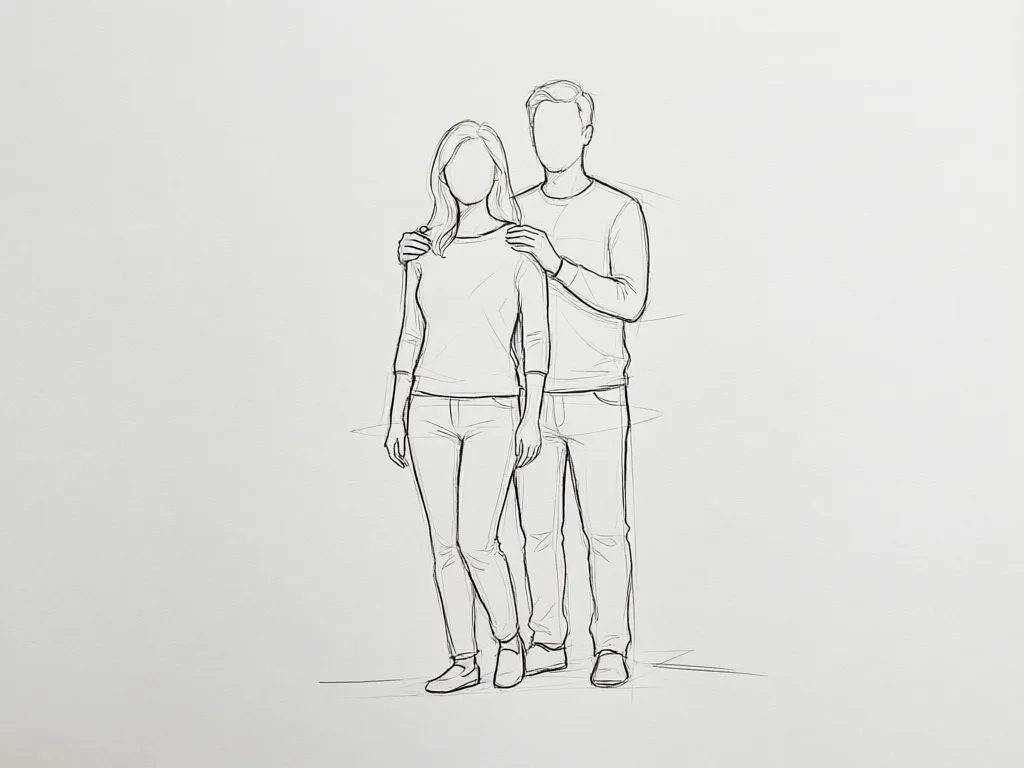 简笔画示意:一人从身后轻轻环抱伴侣,双手自然落在肩部和上臂
