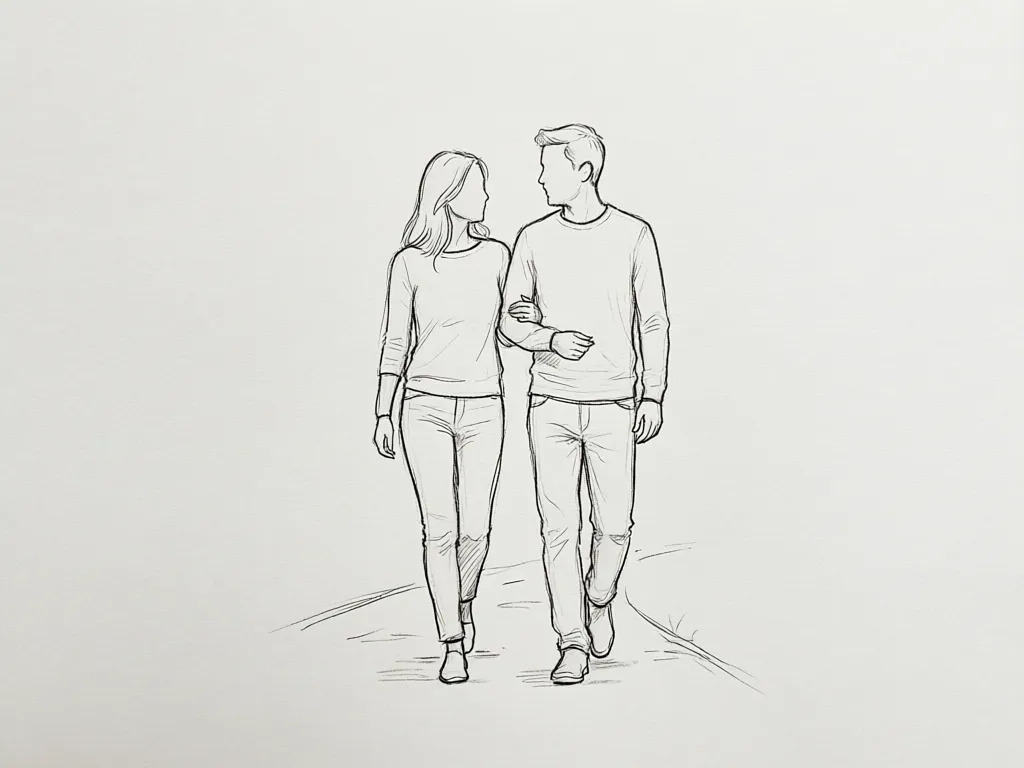 简笔画示意:两人并肩慢走,一人轻挽另一人的手臂,步伐自然错开