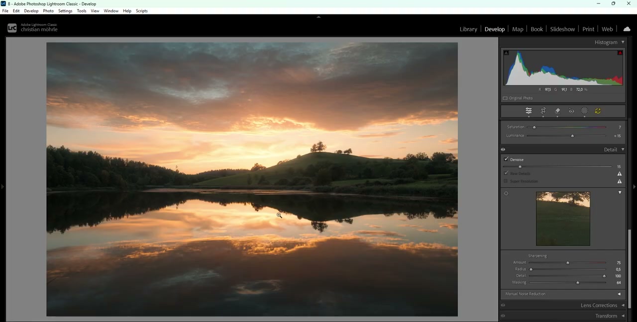 Lightroom 细节面板展开,显示锐化与 AI 降噪滑块