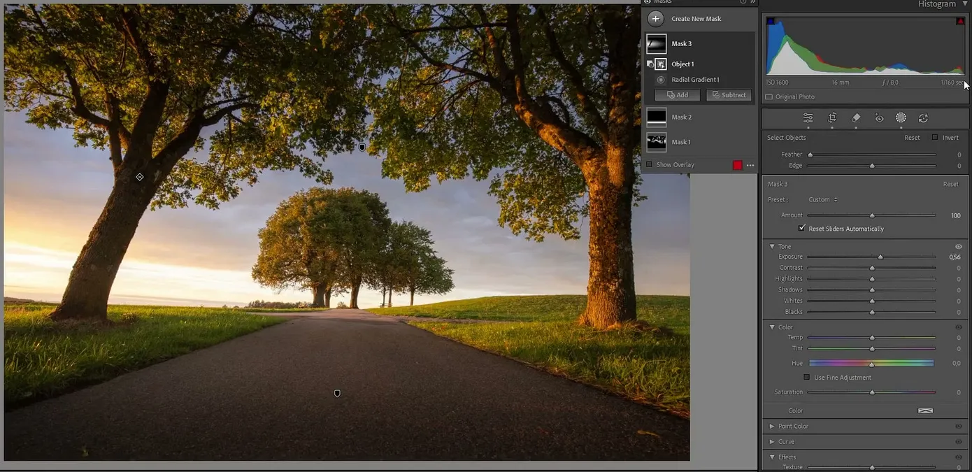 Lightroom Classic 蒙版面板显示对象与径向渐变蒙版,并对局部区域提高曝光